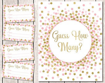 Guess how many sign and cards printable Pink and gold birthday or baby shower decorations Guessing game activity Guess cards