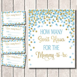 Babyshowerspel Hoeveel lieve kusjes voor de toekomstige mama bord en kaarten Blauw en goud, raad eens hoeveel kusjesspel Babyblauw douchedecor