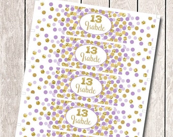 13th Birthday water bottle labels Purple and gold birthday labels personalized Water bottle wrappers Any age