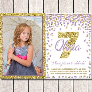Faire-part 7e anniversaire violet et or pour fille Faire-part 7e anniversaire avec photo Faire-part photo lavande et or Pour tout âge