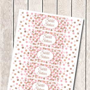 Pink rose gold Sweet sixteen water bottle labels printable Sweet 16 birthday decorations Sweet 16 water bottle wrappers 16th Birthday girl