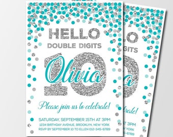 Double digits invitation Teal and silver 10th Birthday invitation Personalized invite Girl 10th birthday confetti invitation