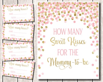 Baby Shower Game How Many Sweet Kisses for the Mommy to Be Sign Pink and Gold Guess How Many Kisses Game