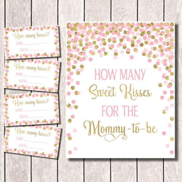 Baby Shower Game How Many Sweet Kisses for the Mommy to Be Sign Pink and Gold Guess How Many Kisses Game