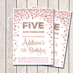 5th Birthday invitations Printable Five and Fabulous invitation Personalized girl birthday invitation Pink and rose gold invitation for girl