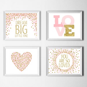 Dream big little one print You are so loved print Pink gold nursery décor Baby girl nursery wall art Horizontal layout Set of 4 prints