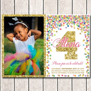 4th Birthday invitations for girls 4th birthday invitation with photo Rainbow and gold invitations Custom photo invitations printable