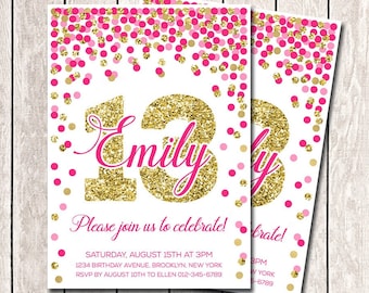 Bright pink and gold invitation printable 13th Birthday invitations for girl Hot pink and gold birthday invitations Any age