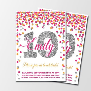 10th Birthday party invitations Hot pink orange and silver birthday invitations for girl Printable personalized invitations Any age