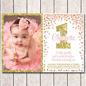 1st Birthday invitation for girl Pink and gold photo invitation 1st Birthday invitation with photo Blush pink and gold invitation printable