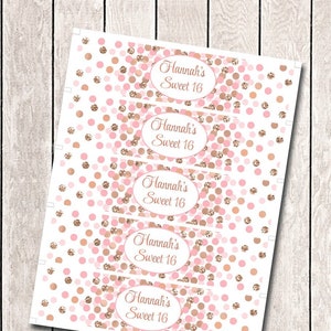 Personalized Sweet 16 water bottle labels Pink rose gold water bottle wrappers printable Sweet 16 birthday decorations Custom labels