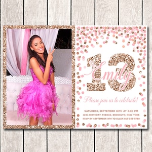 Pink And Rose Gold Invitation for Girl 13th Birthday Party Personalized invitations With Photo