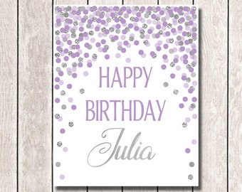 Feliz cumpleaños signo personalizado chica fiesta fiesta signo chica celebración de cumpleaños signo púrpura plata confeti fiesta decoración imprimible