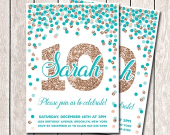 Teal and Rose Gold Invitations Personalized 10th Birthday Invitation for Girl 13th Birthday Party Invitations ANY AGE