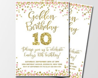 Invitación de cumpleaños dorada personalizada Invitación de cumpleaños de oro rosa Invitación de cumpleaños dorada para niña Invitación de cumpleaños número 13 Cualquier edad