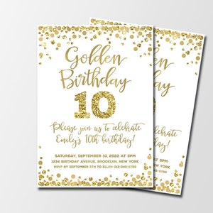 Golden Birthday invitation Gold glitter birthday invitation Personalized Golden birthday invite for girl 10th birthday invitation Any age