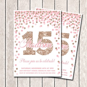 Faire-part pour 15e anniversaire à imprimer rose et or rose pour fille, fête d&#39;anniversaire de 15e anniversaire, tout âge