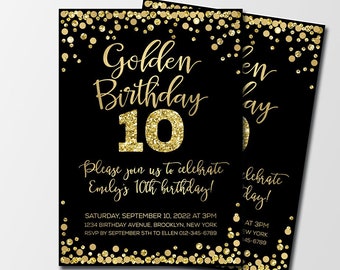 Golden Birthday invitation Black and gold glitter birthday invitation Personalized Golden birthday invite for girl 10th birthday invitation