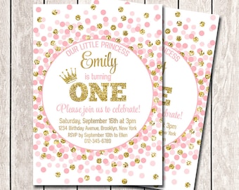 Pink and gold princess birthday invitations girl 1st birthday invitations