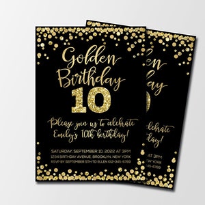 Golden Birthday invitation Black and gold glitter birthday invitation Personalized Golden birthday invite for girl 10th birthday invitation
