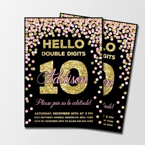 Double digits invitation Pink gold 10th birthday invitation for girl Personalized 10th Birthday invitation Hello double digits invitation