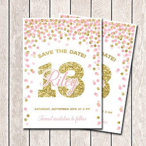 Save the Date Geburtstagsparty Save the Date Geburtstagskarten Personalisierte Rosa Gold Glitter Konfetti Einladung JEDEM ALTER