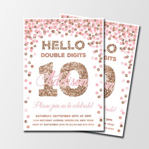Roze- en roségouden uitnodiging met dubbele cijfers 10e verjaardagsuitnodiging voor meisje Gepersonaliseerde uitnodiging Hallo dubbele cijferuitnodiging
