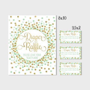 Bord en kaart luierloterij Mintgroen en goud Babyshowerversieringen Mint en gouden afdrukbare luierloterij Luierloterijtickets