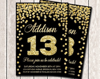 13th Birthday Invitations Personalized Girl Birthday Invites Printable Gold Confetti Birthday Party Invitations Gold And Black