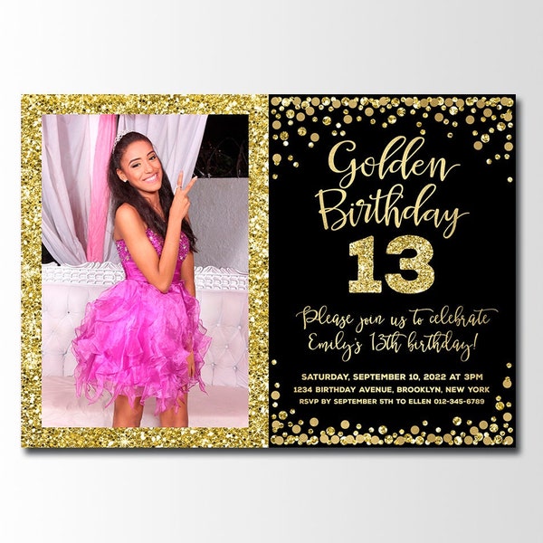 Personalized Golden birthday invitation Gold glitter birthday invitation Golden birthday photo invitation for girl Any age