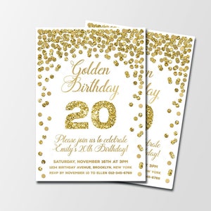 Golden birthday invitation for her Gold glitter birthday invitation Personalized Golden birthday invite 20th birthday invitation Any age