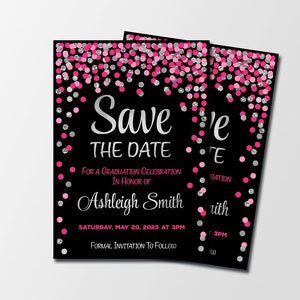 Save the date graduation cards Hot pink silver and black graduation invitation for girl Graduation party save the date personalized card