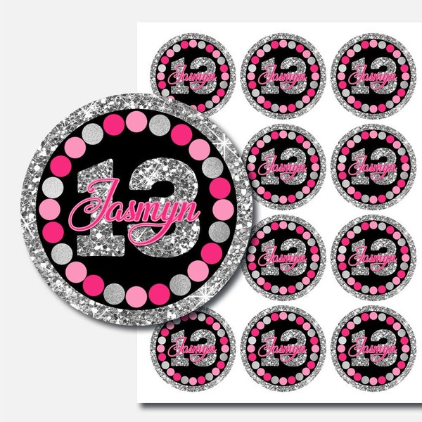 Hot pink and silver birthday cupcake toppers Round labels printable Personalized cupcake toppers Birthday tags Any age