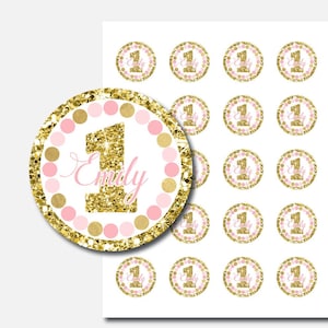 Pink and gold birthday round labels 1st birthday decorations Personalized cupcake toppers 1st birthday stickers 1.5 inch round tags