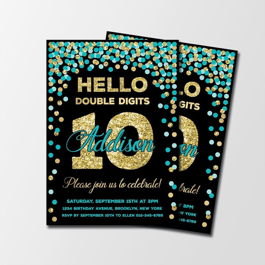 Double Digits Birthday Invitation Teal and Gold 10th