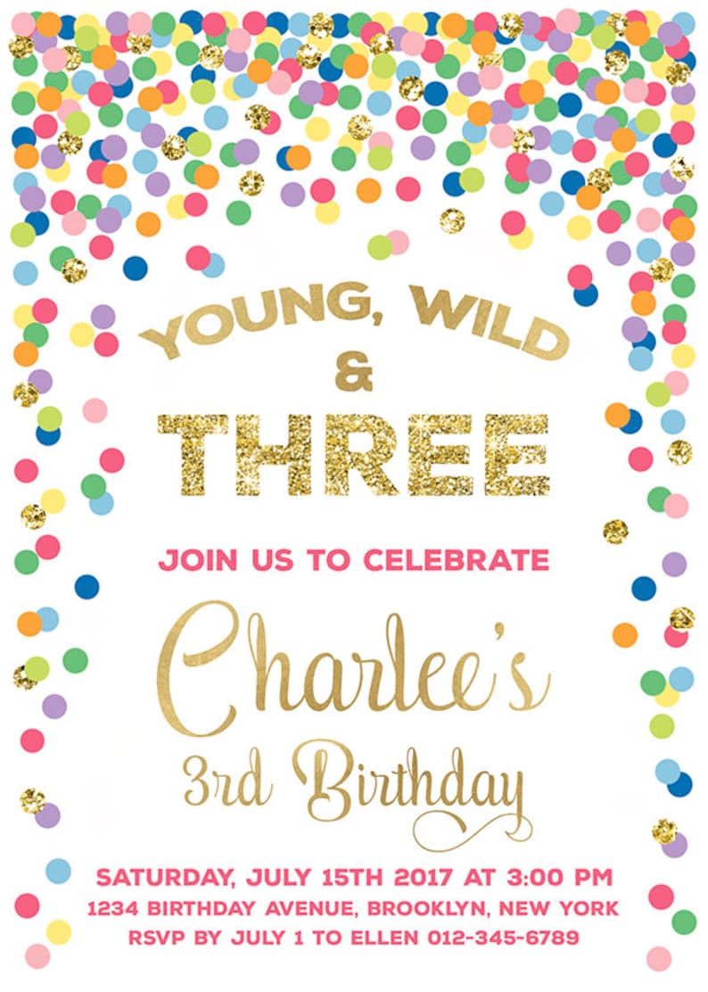 Young Wild And Three Birthday Invitation Printable Girl 3rd Etsy
