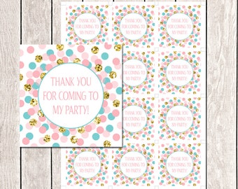Thank You For Coming To My Party! Favor Tags Printable Pink Teal Gold  Glitter Birthday Party Thank You Tags
