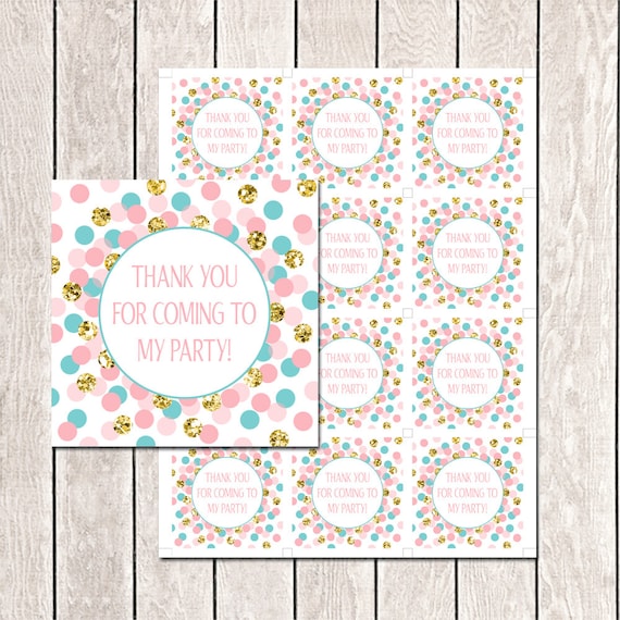 Thank You For Coming To My Party! Favor Tags Printable Pink Teal Gold  Glitter Birthday Party Thank You Tags