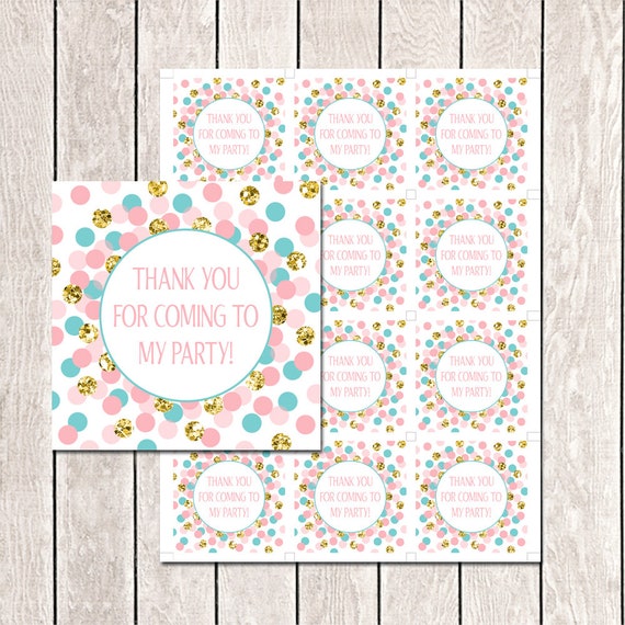 Thank You For Coming To My Party! Favor Tags Printable Pink Teal Gold  Glitter Birthday Party Thank You Tags