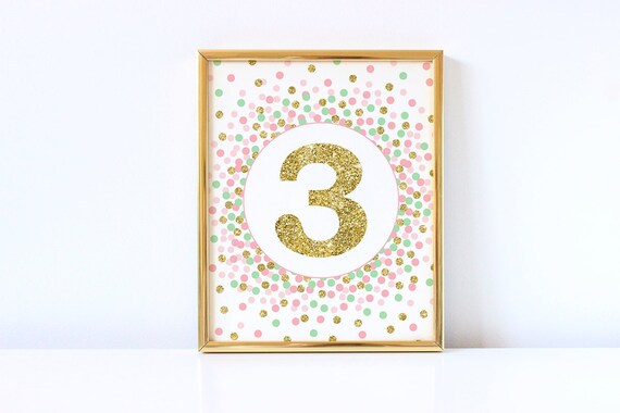 pink mint gold number 3 sign printable 3rd birthday table sign etsy