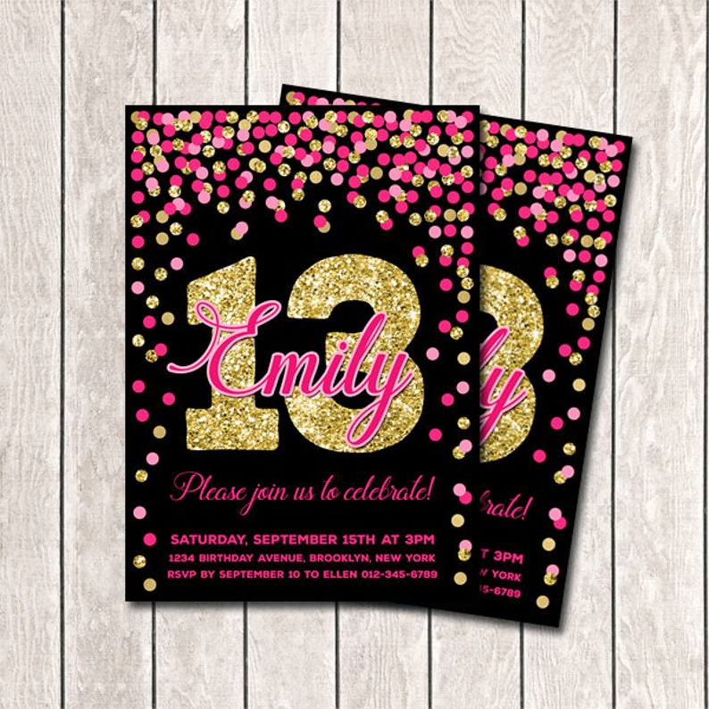 13th Birthday Invitations Girl Birthday Invites Printable Hot Pink Gold Birthday Invitations For Girl Pink Gold And Black image 1