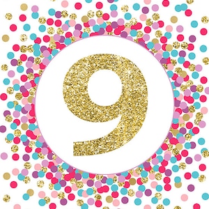 Number 9 Sign Printable Ninth Birthday Party Sign Girl 9th Birthday Party Decorations Hot Pink Purple Lavender Teal Gold Glitter image 2