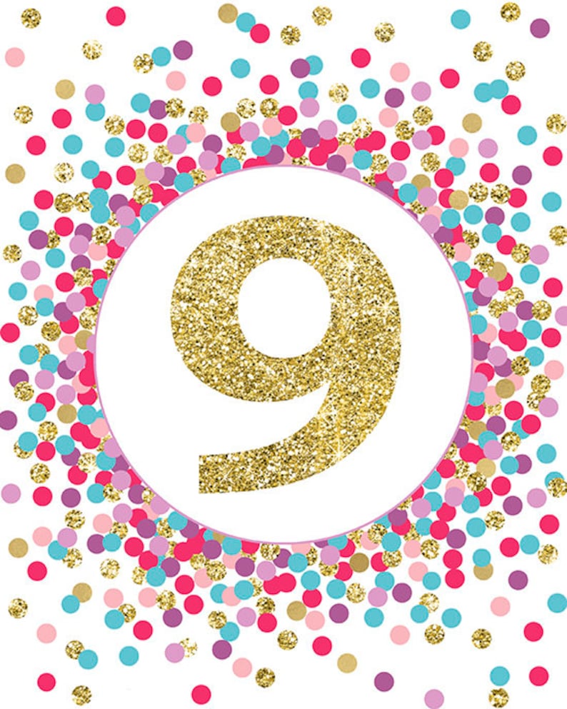 Number 9 Sign Printable Ninth Birthday Party Sign Girl 9th Birthday Party Decorations Hot Pink Purple Lavender Teal Gold Glitter image 2