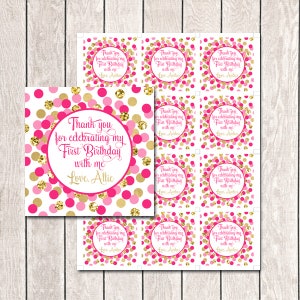 Pink and gold Favor tags Thank you for celebrating my 1st birthday with me Custom thank you tags Hot pink and gold birthday decorations