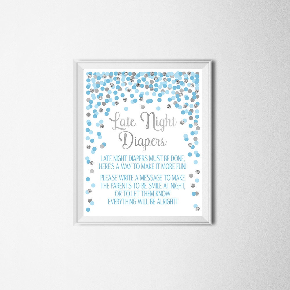 Blue and silver Late night diapers sign printable Baby boy shower game Blue and gray baby shower decoration