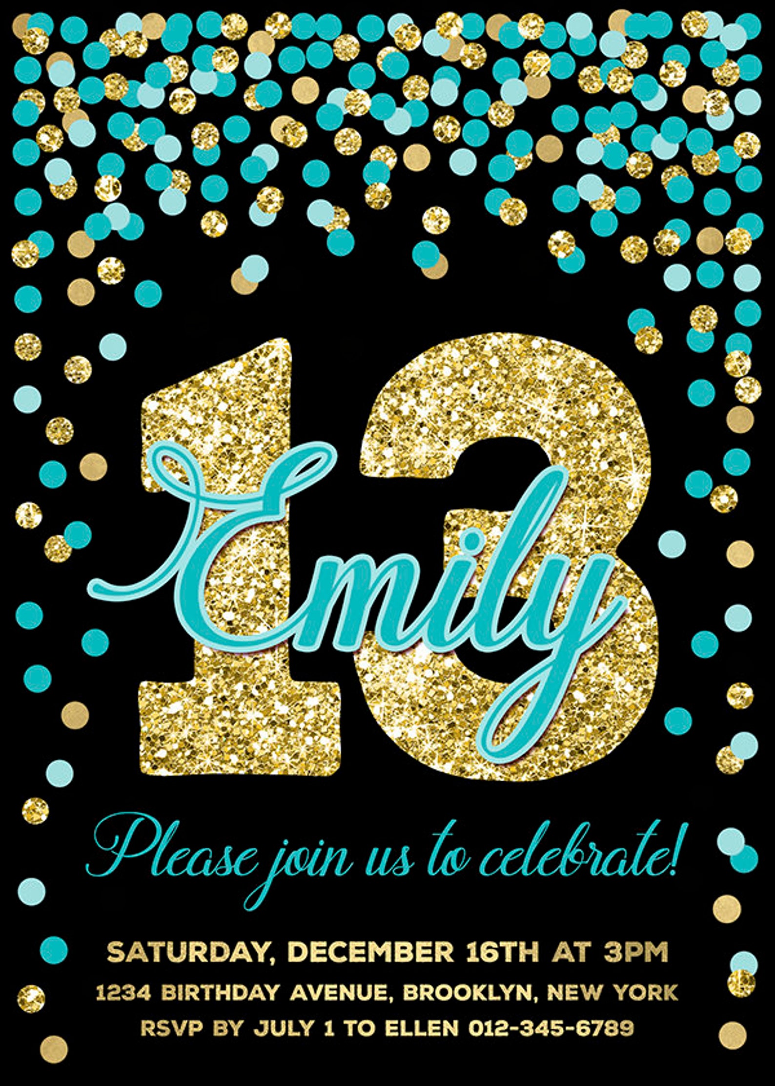 13th-birthday-invitation-printable-teal-and-gold-invitations-etsy