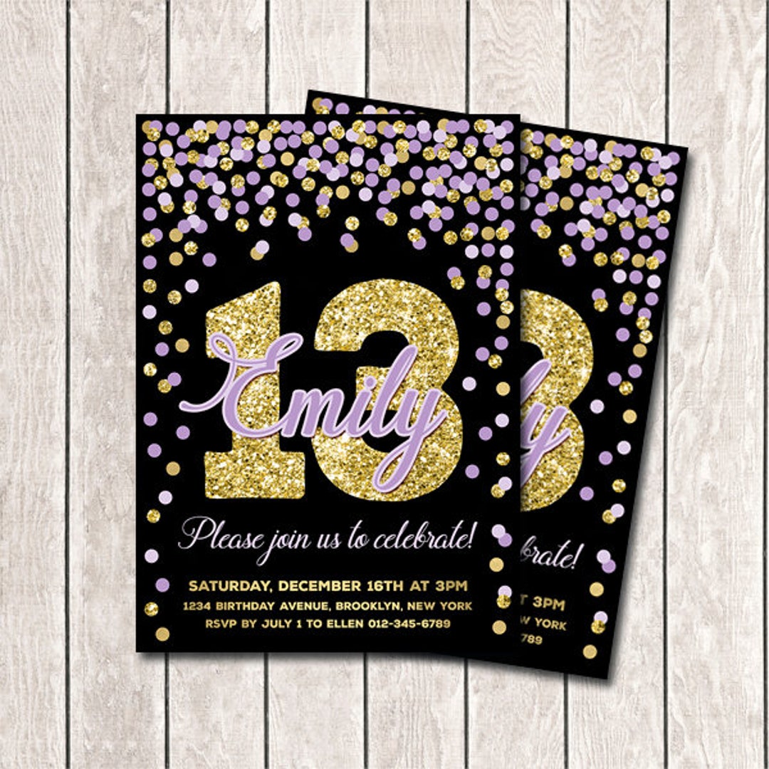 13th Birthday Invitations Printable Purple Gold Invitations Girl 13th ...