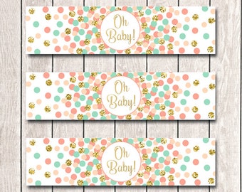 Baby Shower Water Bottle Labels Printable Oh Baby! Party Supplies Girl Baby Shower Coral Mint Gold Water Bottle Labels