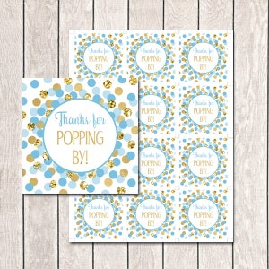 Thanks for Popping By Tags Printable Blue and Gold Baby Shower Popcorn Tags Blue Gold Shower Favor Labels Thank You Tags