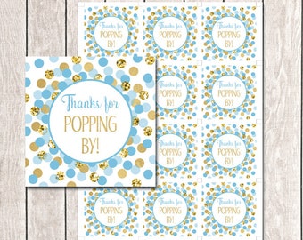 Thanks for Popping By Tags Printable Blue and Gold Baby Shower Popcorn Tags Blue Gold Shower Favor Labels Thank You Tags